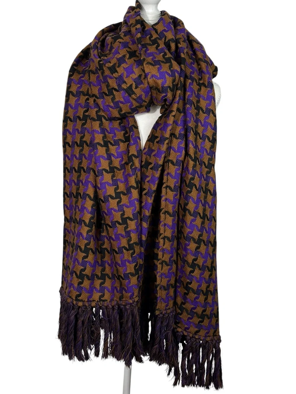 Vintage Golden Purple Oversized Fringe Trim Wrap Scarf Houndstooth Oversized